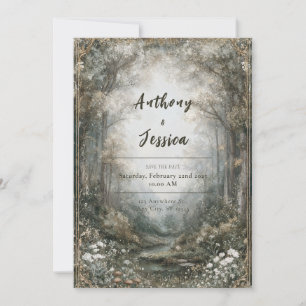 Invitation Forêt Enchantée Ornée d'Or Mariage d'Hiver Blanc