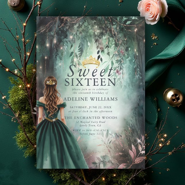 Invitation Forêt enchantée Tiara Gold Emerald Mauve Sweet 16 (sweet 16 invitations enchanted forest emerald green gold princess tiara fairytale magical garden)