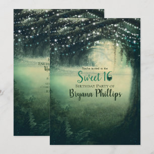 Invitation Forêt enchantée Vert Bleu Lumières Sweet 16 Party