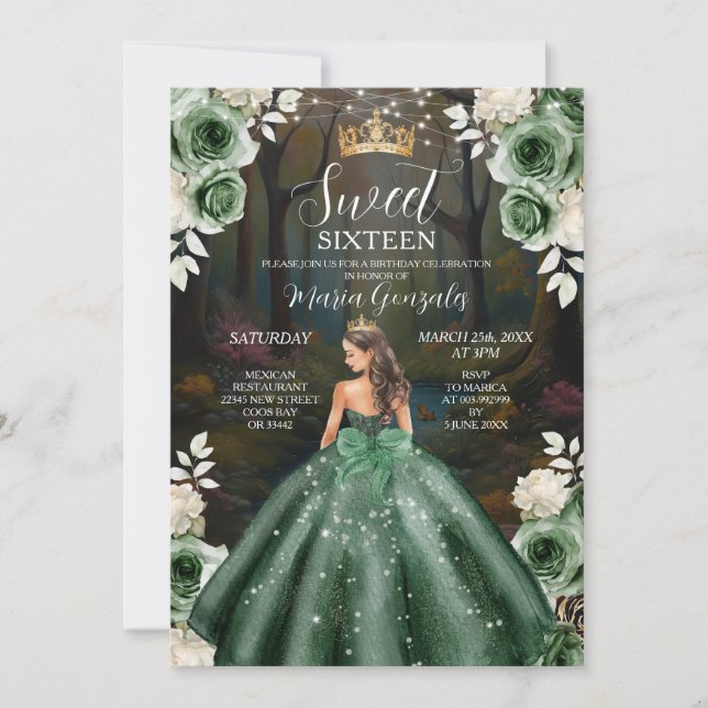 Invitation Forêt enchantée vert émeraude Sweet sixteen (Devant)