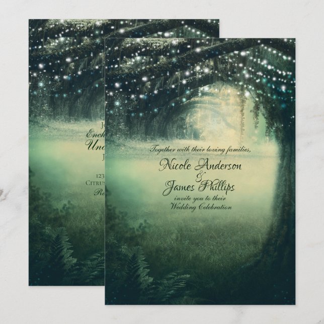 Invitation Forêt Enchantée Vert Lumières Bleues Mariage Rusti (Devant / Derrière)