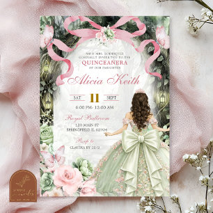 Invitation Forêt Fantaisiste Ruban Rose Sage Coquette Papillo