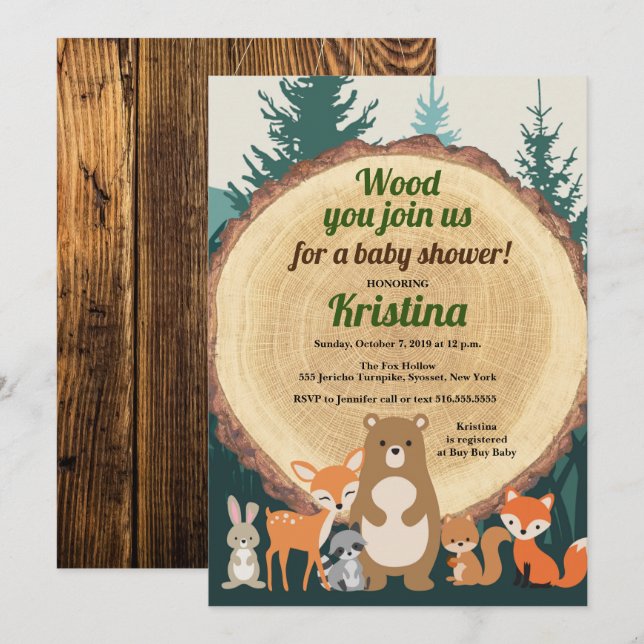 Invitation Forêt forestière Animaux Baby shower en bois verdo (Devant / Derrière)