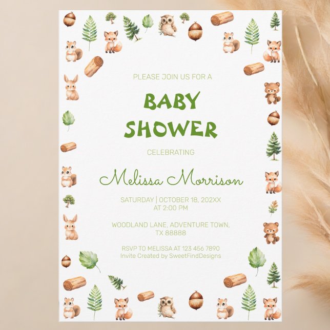 Invitation Forêt forestière Créations Baby shower rustique (Woodland Forest Creatures Rustic Baby Shower Invitation)