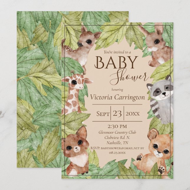 Invitation Forêt forestière Jungle Animaux Végétation Bébé (Devant / Derrière)