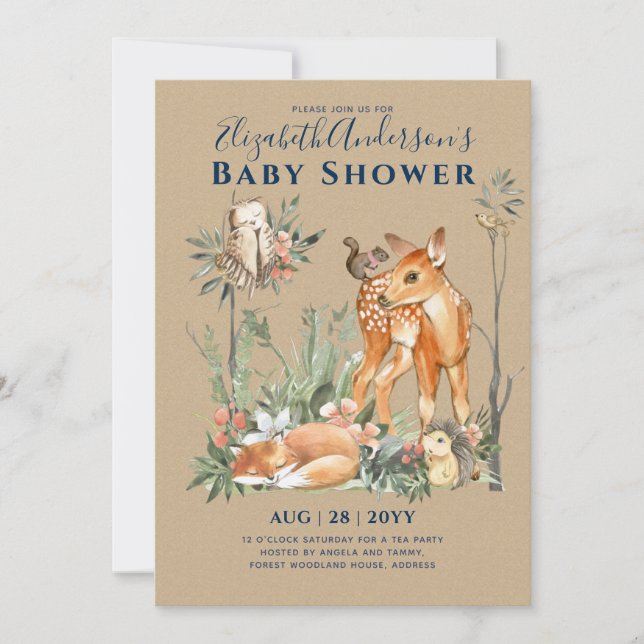 Invitation Forêt forestière Végétation Baby shower Animaux sa (Devant)