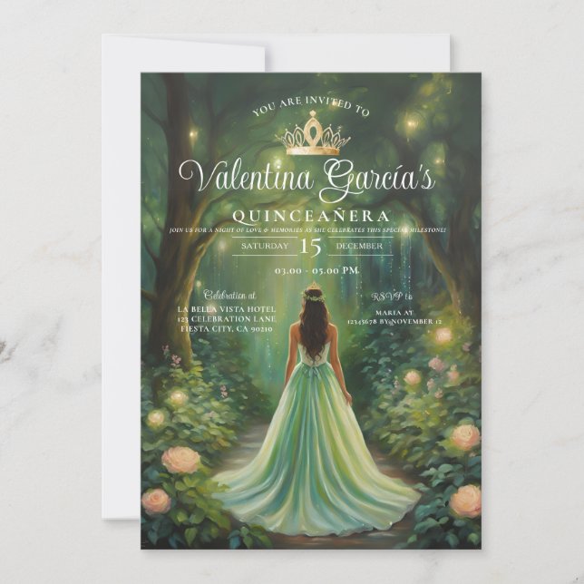Invitation Forêt Green Quinceañera 15 Anos Gold Crown (Devant)
