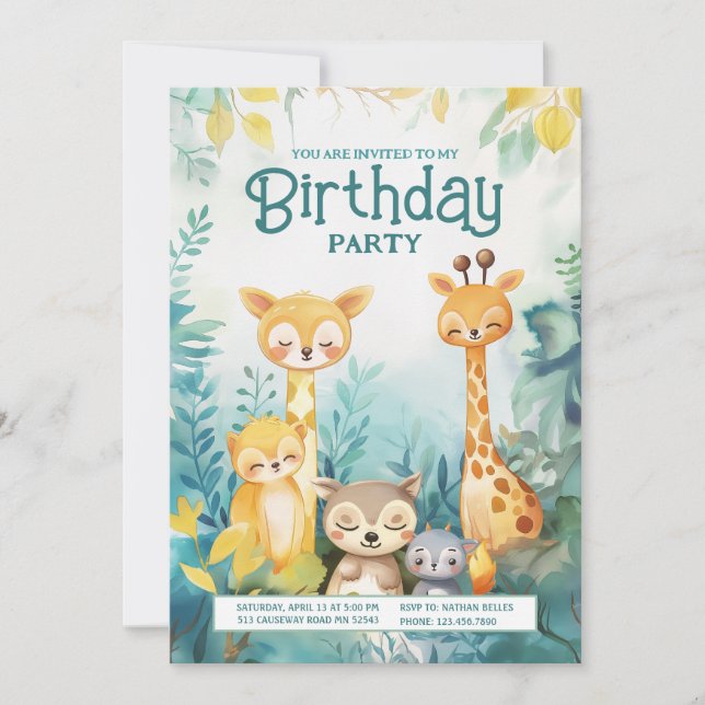 Invitation Forêt lunaire Animaux à thème Anniversaire Invitat (Devant)