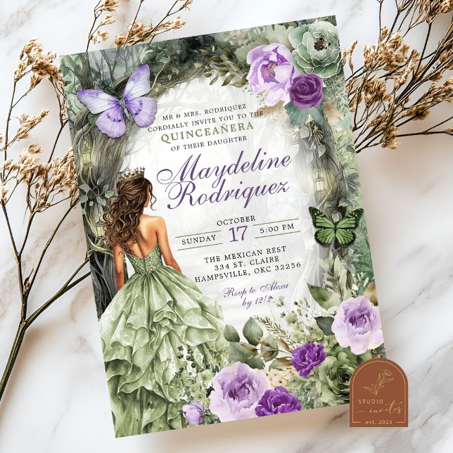 Invitation Forêt lunaire verte pourpre Quinceanera (Créateur téléchargé)