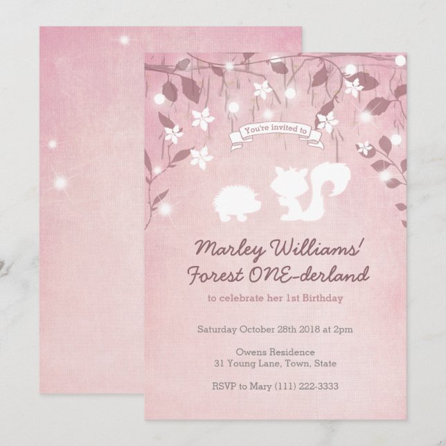 Invitation Forêt magique ONE derland Girl 1er anniversaire (Devant / Derrière)