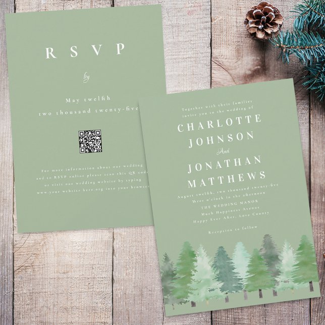 Invitation Forêt Moderne de Boisland QR Code Vert Sauge Maria (Modern watercolor Woodland pine forest sage green wedding qr code invitation Simple evergreen trees)
