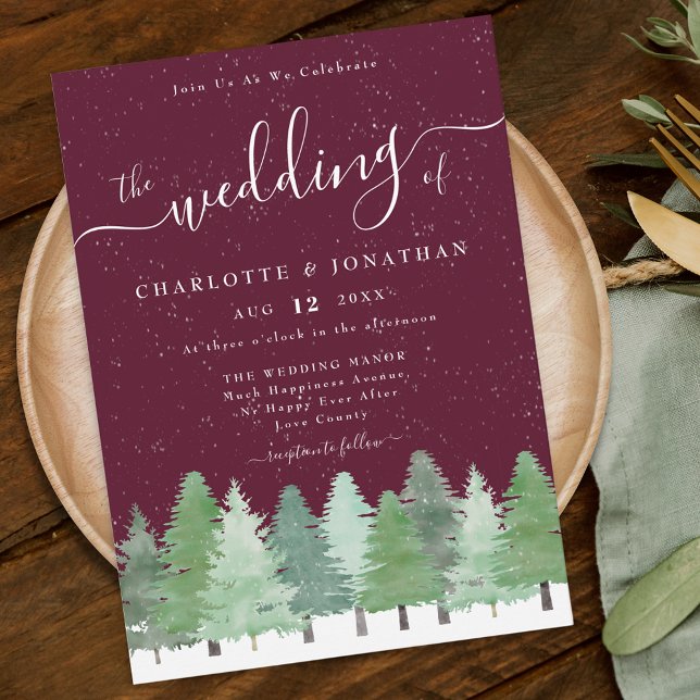 Invitation Forêt moderne Rustique Bourgogne Mariage d'hiver (Rustic elegant watercolor snowy evergreen Woodland forest burgundy winter wedding invitation)