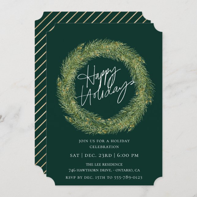 Invitation Forêt Pin Wreath Emerald Fête (Devant / Derrière)