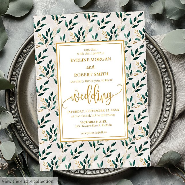 Invitation Forêt romantique Vert Eucalyptus Mariage (Romantic Forest Green Gold Eucalyptus Wedding Invitation)