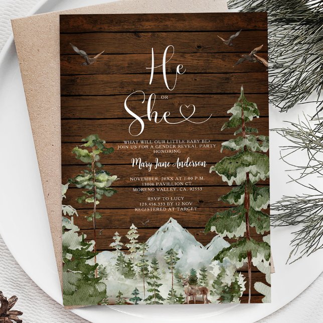 Invitation Forêt rustique d'hiver de bois Révélation de genre (Créateur téléchargé)