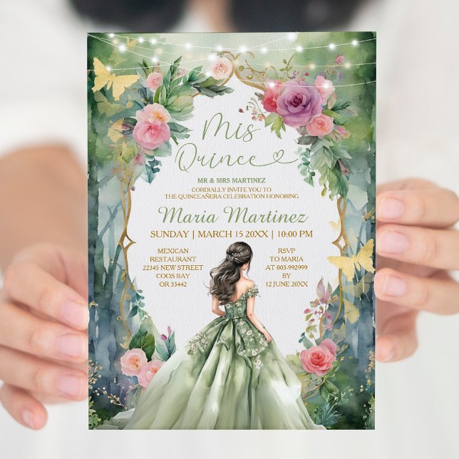 Invitation Forêt Sage Vert Robe Rose Fleurs 15 Mis Quince (Créateur téléchargé)