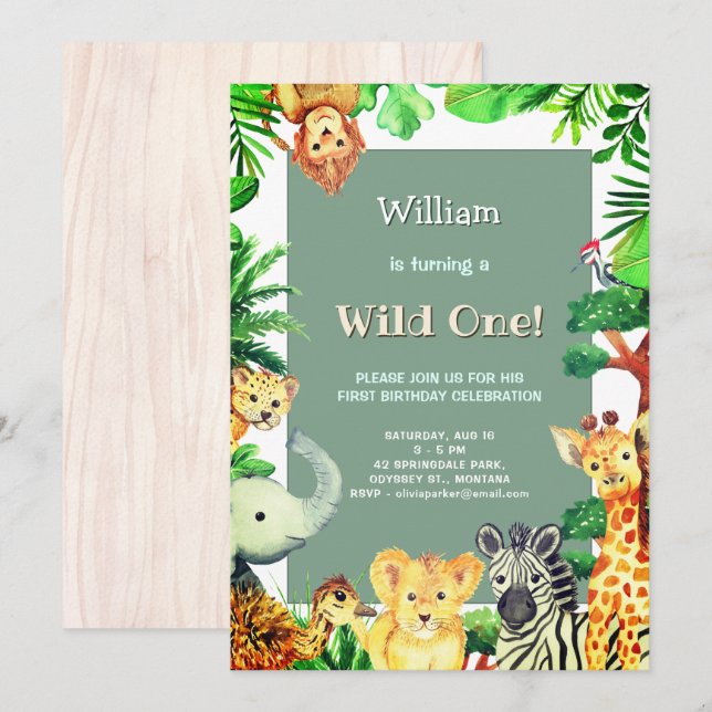 Invitation Forêt sauvage d'une pluie Animaux Whimsical Annive (Devant / Derrière)