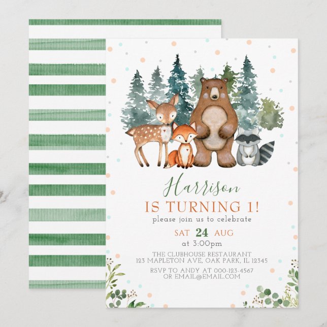 Invitation Forêt verdoyante Bois Animaux 1er anniversaire (Devant / Derrière)