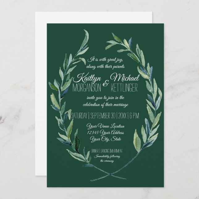 Invitation Forêt vert 5X7 Laurel Wreath Olive Leaf Folif (Devant / Derrière)