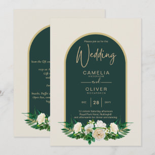 Invitation Forêt Vert Or Roses blanches Mariage d'hiver