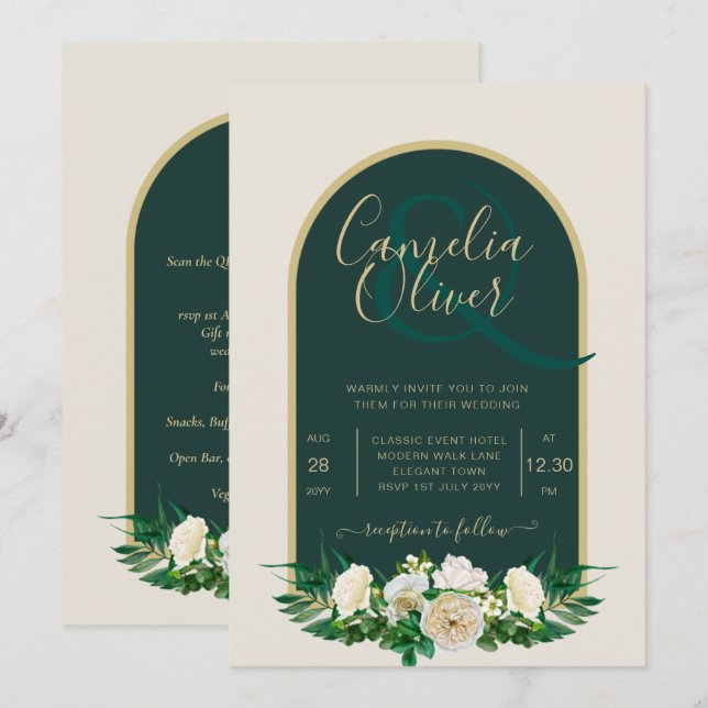 Invitation Forêt Vert Or Roses blanches Mariage d'hiver (Devant / Derrière)