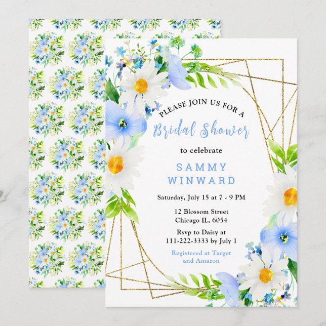 Invitation Forget Me Nots and Daisies Bridal Shower (Devant / Derrière)