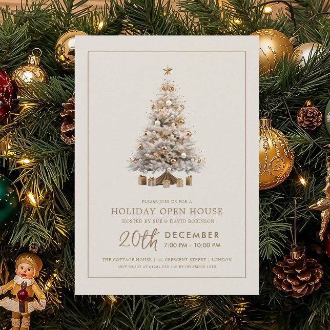 Invitation Formal Christmas Holiday Open House Gold Tree  (Formal Christmas Holiday Open House Gold Tree Invitation)