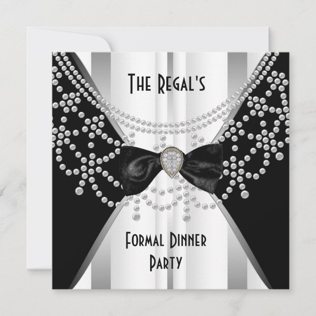 Invitation Formal Dinner Black White Silver Bow (Front)