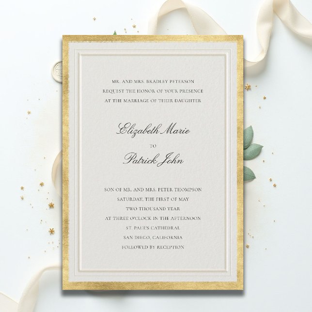 Invitation Formal Elevated Golden Ecru Modern Classic Wedding (formal traditional wedding invitation modern classic double frame ballroom gold ecru black white)