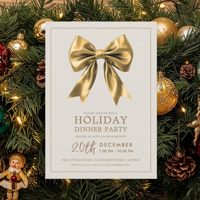 Invitation Formal Holiday Dinner Party Gold Satin Bow (Formal Holiday Dinner Party Gold Satin Bow Invitation)