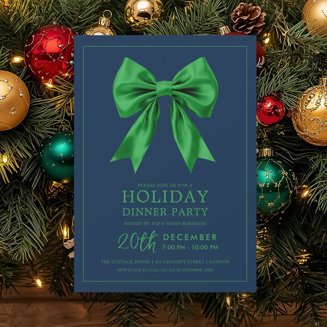 Invitation Formal Holiday Dinner Party Green Satin Bow Navy  (Formal Holiday Dinner Party Green Satin Bow Navy Invitation)
