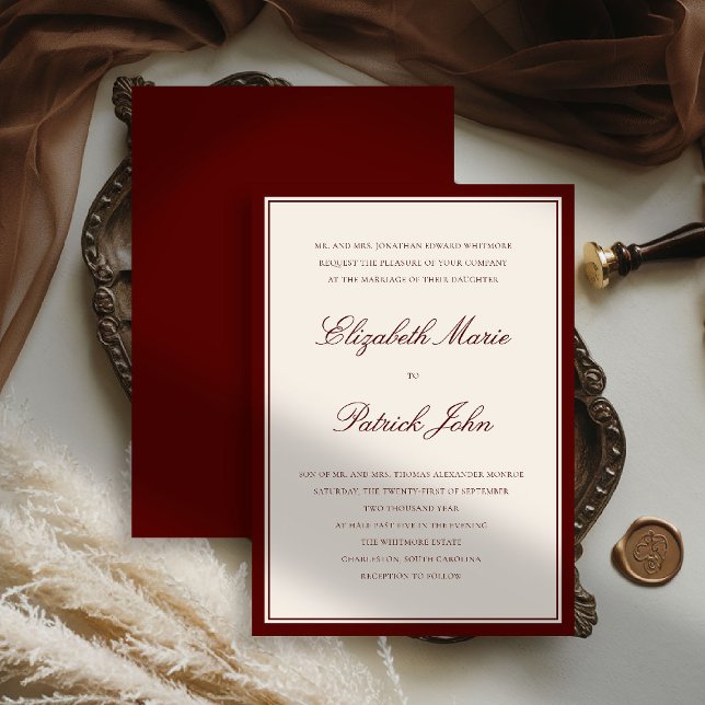 Invitation Formal Modern Classic Deep Burgundy Frame Wedding (deep burgundy wedding invitation quiet luxury old money double frame formal modern classic parents)