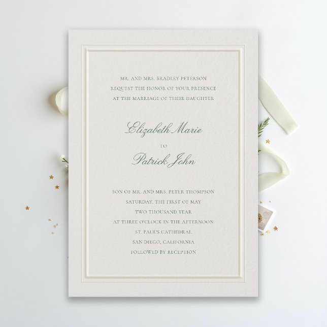 Invitation Formal Modern Classic Elevated Green Ecru Wedding (modern classic wedding invitation forest green type double frame ecru formal traditional stately)