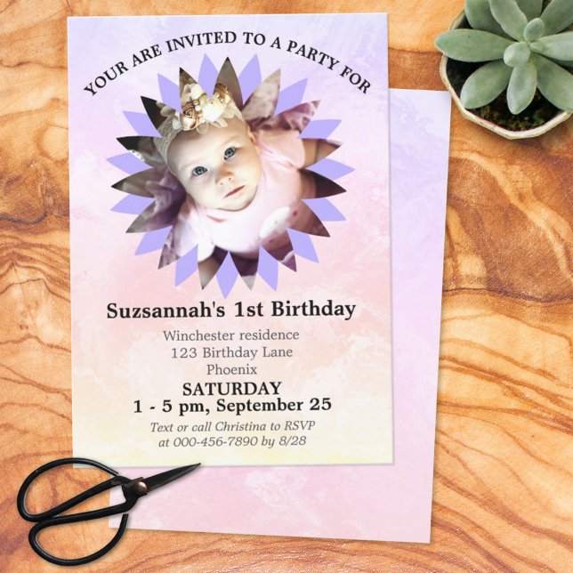 Invitation Forme de fleur Photo Pastel Aquarelle Modèle (Créateur téléchargé)