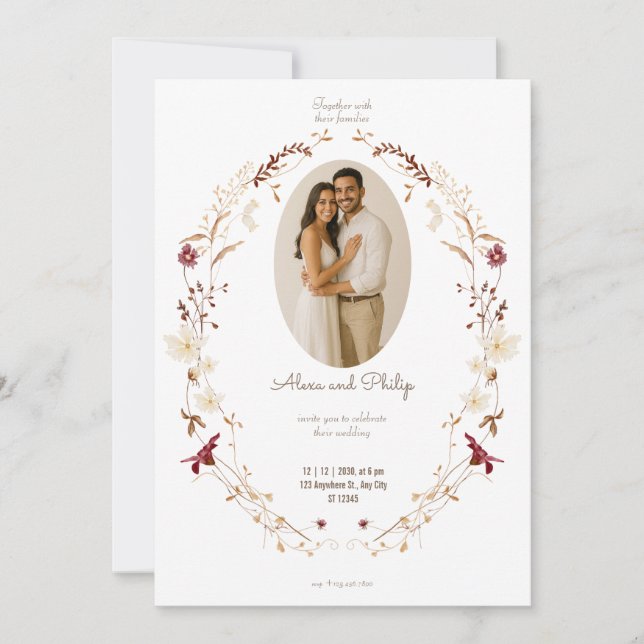 Invitation Forme de photo ovale florale rustique couronne bot (Devant)