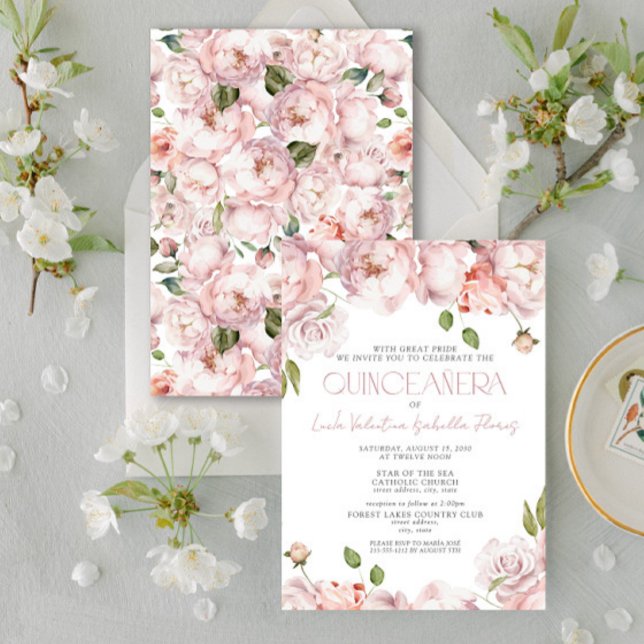 Invitation Forme Élégante Pinceau Rose Floral Quinceanera (Créateur téléchargé)