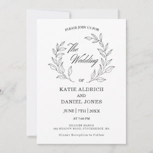 Invitation Formel Élégant Feuille moderne Noir Blanc Mariage