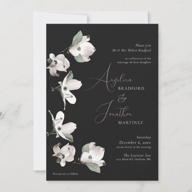 Invitation Formelle Botanique Dogwood Noir Blanc (Devant)