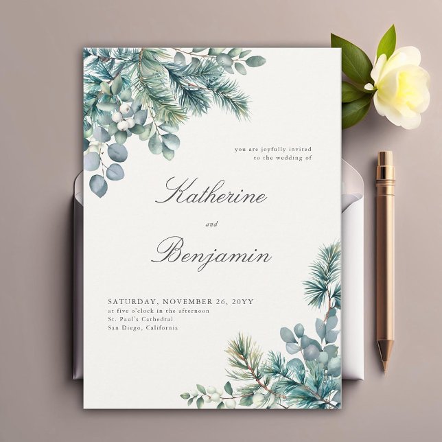 Invitation Formelle classique Botanique d'hiver Élégant Maria (winter botanical elegant wedding invitation formal traditional modern classic simple foliage frame)
