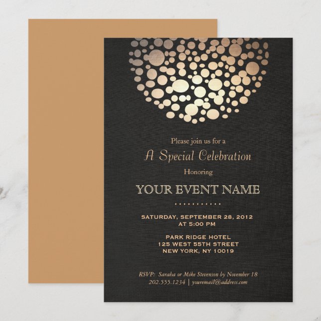 Invitation formelle noire avec cercle sphérique or (Devant / Derrière)