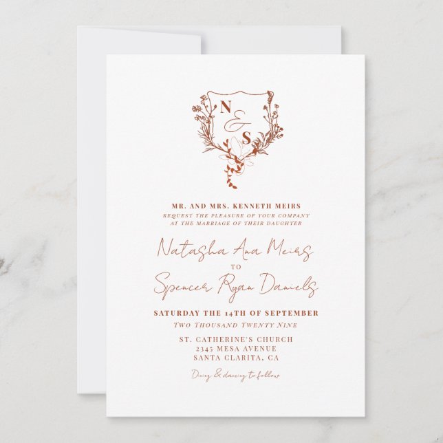 Invitation Formelle Rustique Floral Crest Monogramme Mariage (Devant)