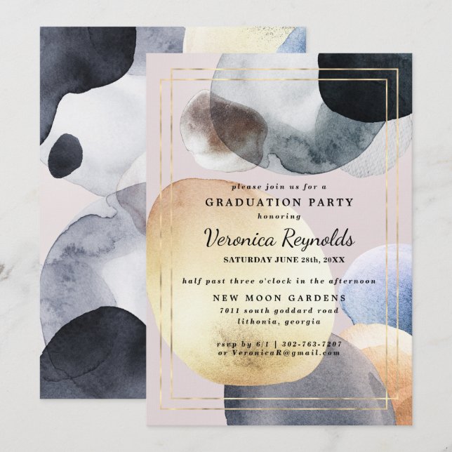 Invitation Formes Abstraites artistiques | Gold Navy Graduati (Devant / Derrière)