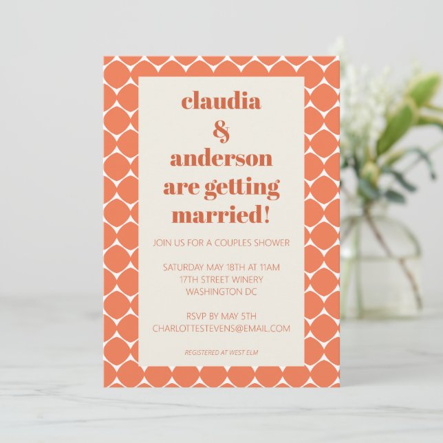 Invitation Formes géométriques Orange Retro Mod Couples Douch (Debout devant)
