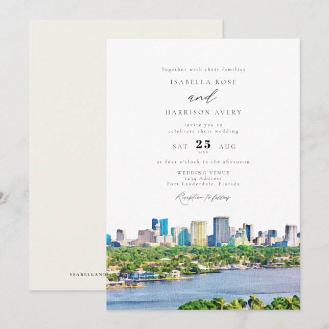 Invitation FORT LAUDERDALE Aquarelle Mariage Skyline (Devant / Derrière)