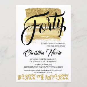 Invitation Forty Gold brush strokies Glam Anniversaire Femmes