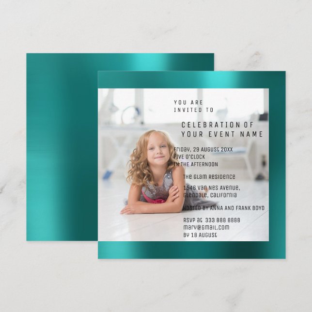 Invitation Foto fête d'anniversaire Mère Pearl Turquoise Meta (Devant / Derrière)