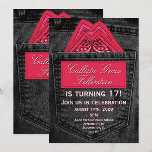 Invitation Foulard rose dans une poche de jean en denim noir
