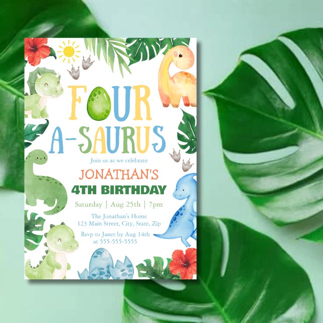 Invitation Four A-Saurus Dino 4th Birthday (Créateur téléchargé)