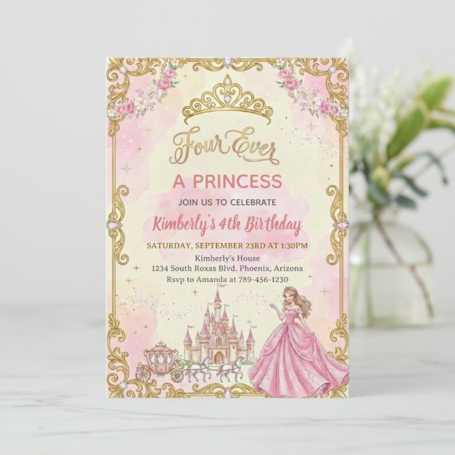 Invitation Four Ever A Princess Pink Girl 4th Birthday Party (Debout devant)