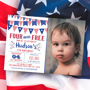 Invitation Four Ever Free ! Fête du 4 juillet Anniversaire 4